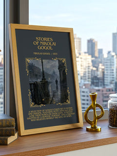 Stories of Nikolai Gogol Minimalist Book Poster by Nikolai Gogol – framed print on a city-view windowsill