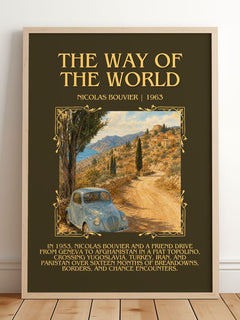 The Way Of The World Minimalist Book Poster by Nicolas Bouvier – framed print leaning on a wooden floor