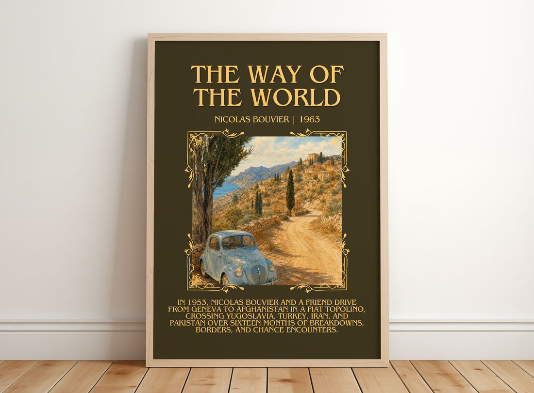 The Way Of The World Minimalist Book Poster by Nicolas Bouvier – framed print leaning on a wooden floor
