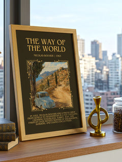 The Way Of The World Minimalist Book Poster by Nicolas Bouvier – framed print on a city-view windowsill