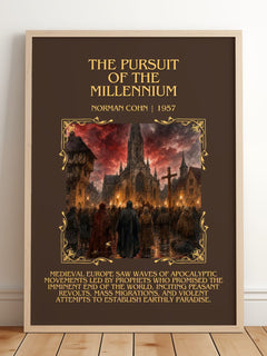 The Pursuit of the Millennium Minimalist Book Poster by Norman Cohn – framed print leaning on a wooden floor