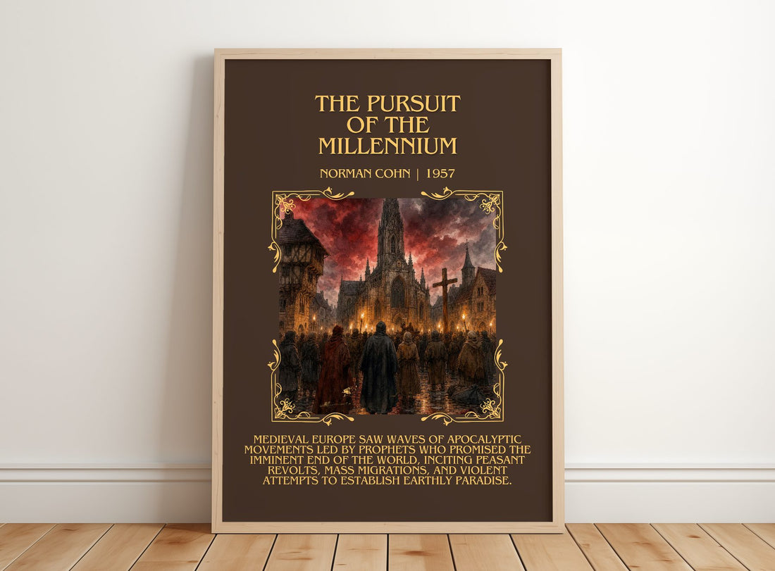The Pursuit of the Millennium Minimalist Book Poster by Norman Cohn – framed print leaning on a wooden floor