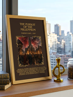 The Pursuit of the Millennium Minimalist Book Poster by Norman Cohn – framed print on a city-view windowsill
