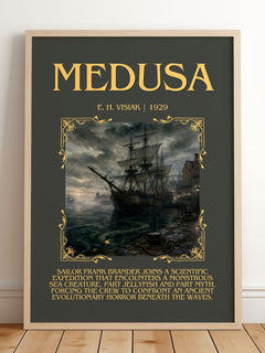 Medusa Minimalist Book Poster by E. H. Visiak – framed print leaning on a wooden floor