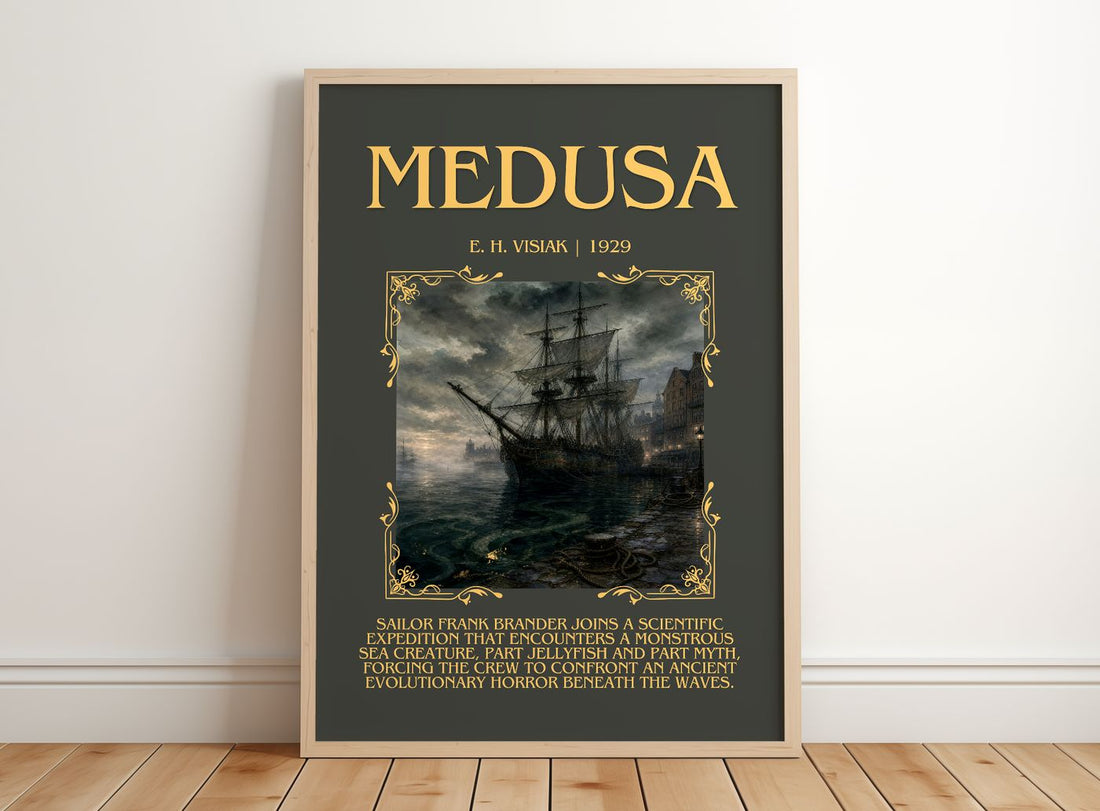 Medusa Minimalist Book Poster by E. H. Visiak – framed print leaning on a wooden floor