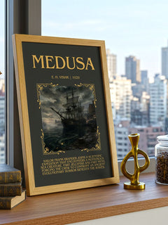 Medusa Minimalist Book Poster by E. H. Visiak – framed print on a city-view windowsill