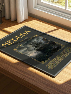 Medusa Minimalist Book Poster by E. H. Visiak – print on a sunlit desk