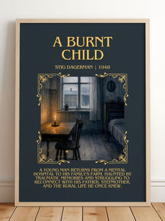 A Burnt Child Minimalist Book Poster by Stig Dagerman – framed print leaning on a wooden floor