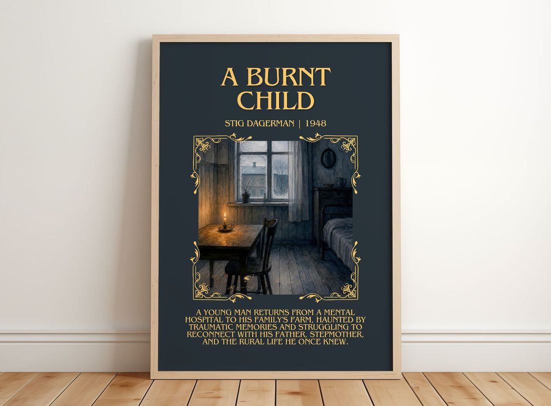 A Burnt Child Minimalist Book Poster by Stig Dagerman – framed print leaning on a wooden floor