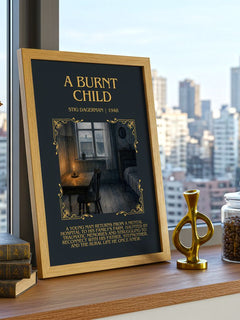 A Burnt Child Minimalist Book Poster by Stig Dagerman – framed print on a city-view windowsill