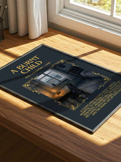 A Burnt Child Minimalist Book Poster by Stig Dagerman – print on a sunlit desk