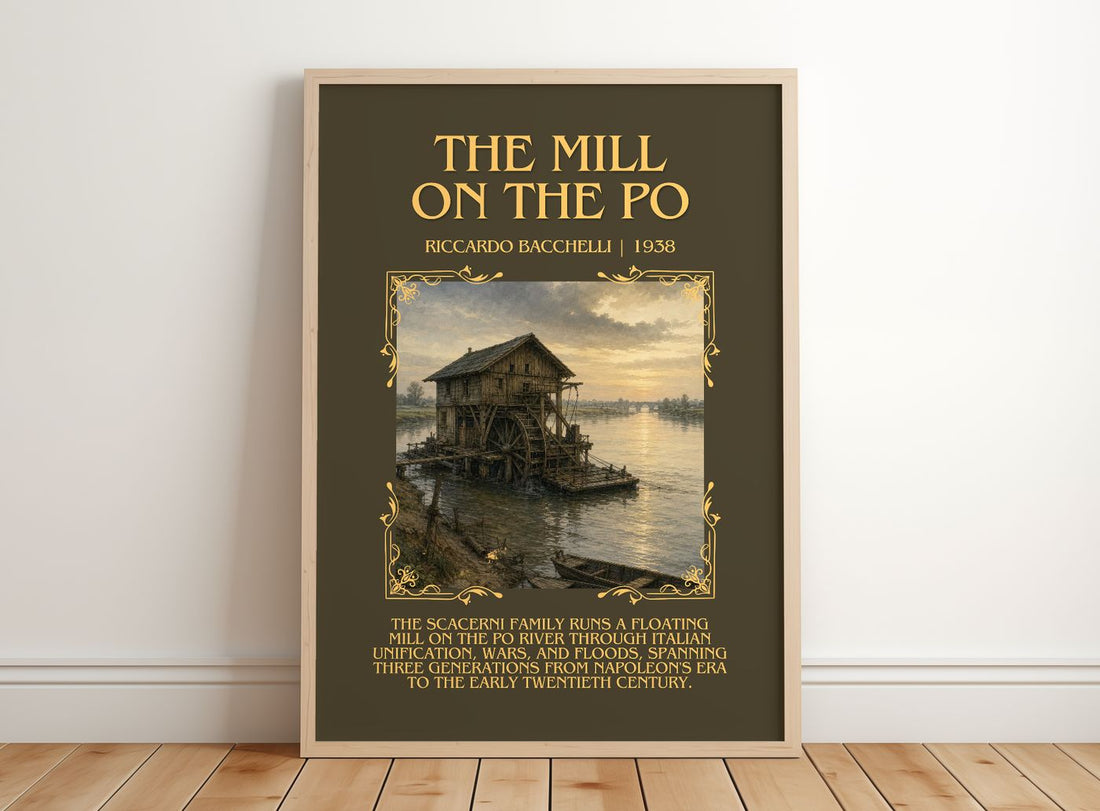 The Mill On The Po Minimalist Book Poster by Riccardo Bacchelli – framed print leaning on a wooden floor