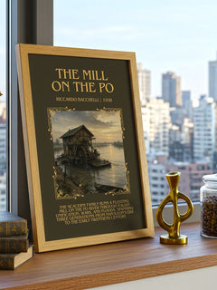 The Mill On The Po Minimalist Book Poster by Riccardo Bacchelli – framed print on a city-view windowsill