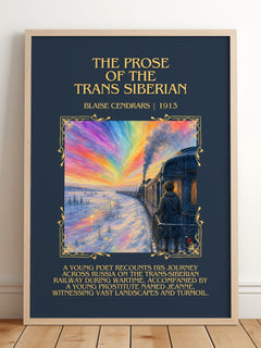 Prose Of The Trans Siberian Minimalist Book Poster by Blaise Cendrars – framed print leaning on a wooden floor