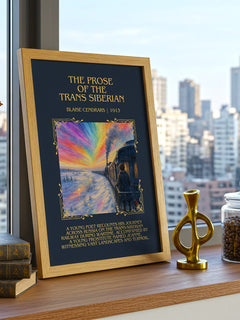 Prose Of The Trans Siberian Minimalist Book Poster by Blaise Cendrars – framed print on a city-view windowsill