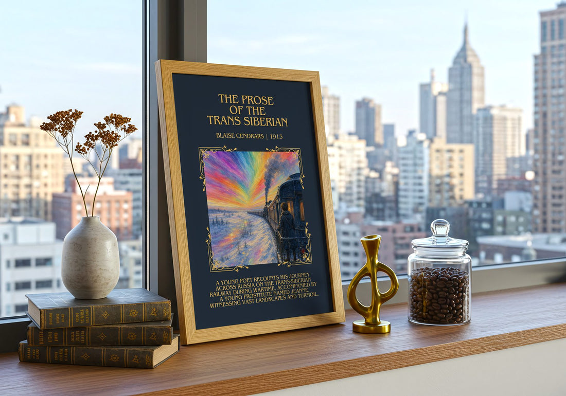 Prose Of The Trans Siberian Minimalist Book Poster by Blaise Cendrars – framed print on a city-view windowsill
