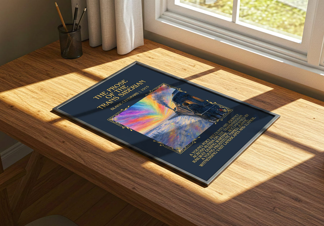 Prose Of The Trans Siberian Minimalist Book Poster by Blaise Cendrars – print on a sunlit desk