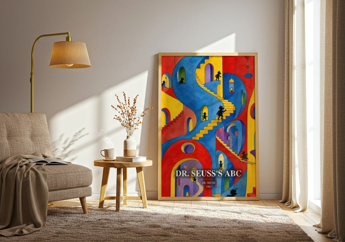 Dr. Seuss'S Abc watercolour print in frame leaning in hallway – childrens wall art (mockup)