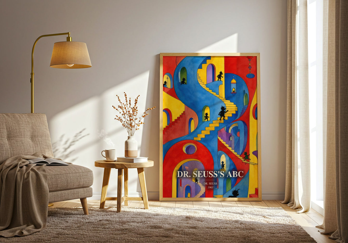Dr. Seuss'S Abc watercolour print in frame leaning in hallway – childrens wall art