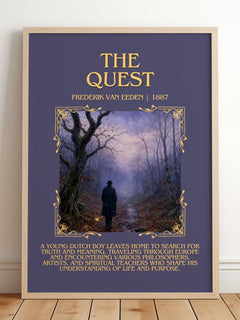 The Quest Minimalist Book Poster by Frederik van Eeden – framed print leaning on a wooden floor