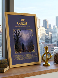 The Quest Minimalist Book Poster by Frederik van Eeden – framed print on a city-view windowsill