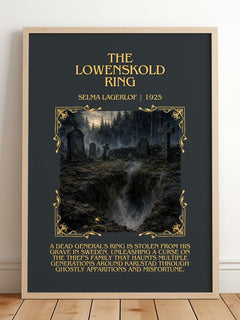 The Löwensköld Ring Minimalist Book Poster by Selma Lagerlöf – framed print leaning on a wooden floor