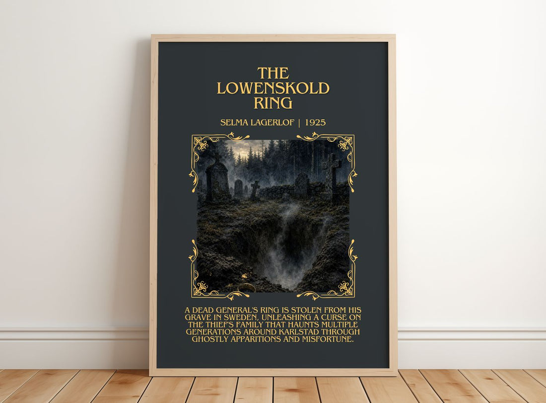 The Löwensköld Ring Minimalist Book Poster by Selma Lagerlöf – framed print leaning on a wooden floor