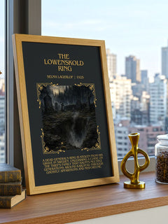 The Löwensköld Ring Minimalist Book Poster by Selma Lagerlöf – framed print on a city-view windowsill