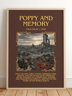 Poppy And Memory Minimalist Book Poster by Paul Celan – framed print leaning on a wooden floor