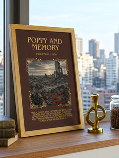 Poppy And Memory Minimalist Book Poster by Paul Celan – framed print on a city-view windowsill