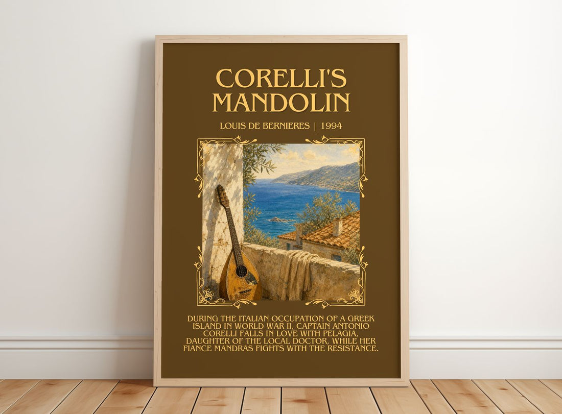 Corelli's Mandolin Minimalist Book Poster by Louis de Bernières – framed print leaning on a wooden floor
