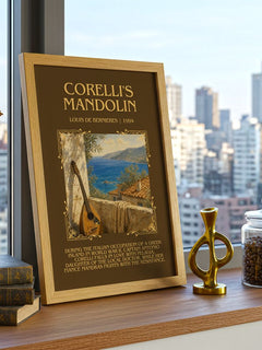 Corelli's Mandolin Minimalist Book Poster by Louis de Bernières – framed print on a city-view windowsill