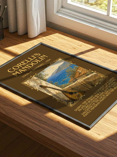 Corelli's Mandolin Minimalist Book Poster by Louis de Bernières – print on a sunlit desk