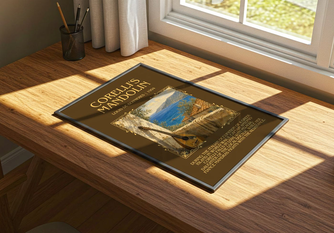 Corelli's Mandolin Minimalist Book Poster by Louis de Bernières – print on a sunlit desk