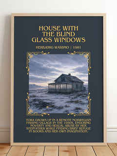 House with the Blind Glass Windows Minimalist Book Poster by H. Wassmo – framed print leaning on a wooden floor