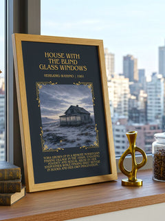 House with the Blind Glass Windows Minimalist Book Poster by H. Wassmo – framed print on a city-view windowsill