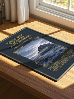 House with the Blind Glass Windows Minimalist Book Poster by H. Wassmo – print on a sunlit desk