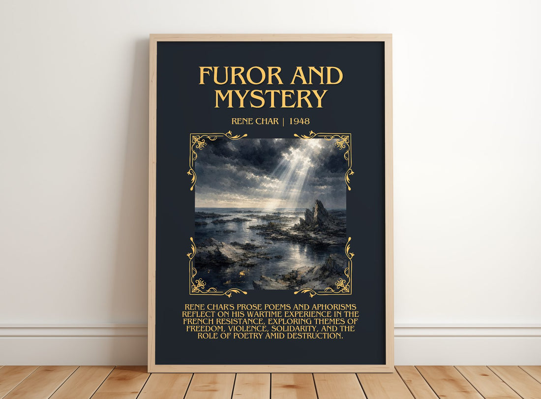 Furor and Mystery Minimalist Book Poster by René Char – framed print leaning on a wooden floor