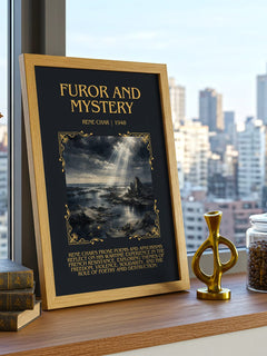 Furor and Mystery Minimalist Book Poster by René Char – framed print on a city-view windowsill