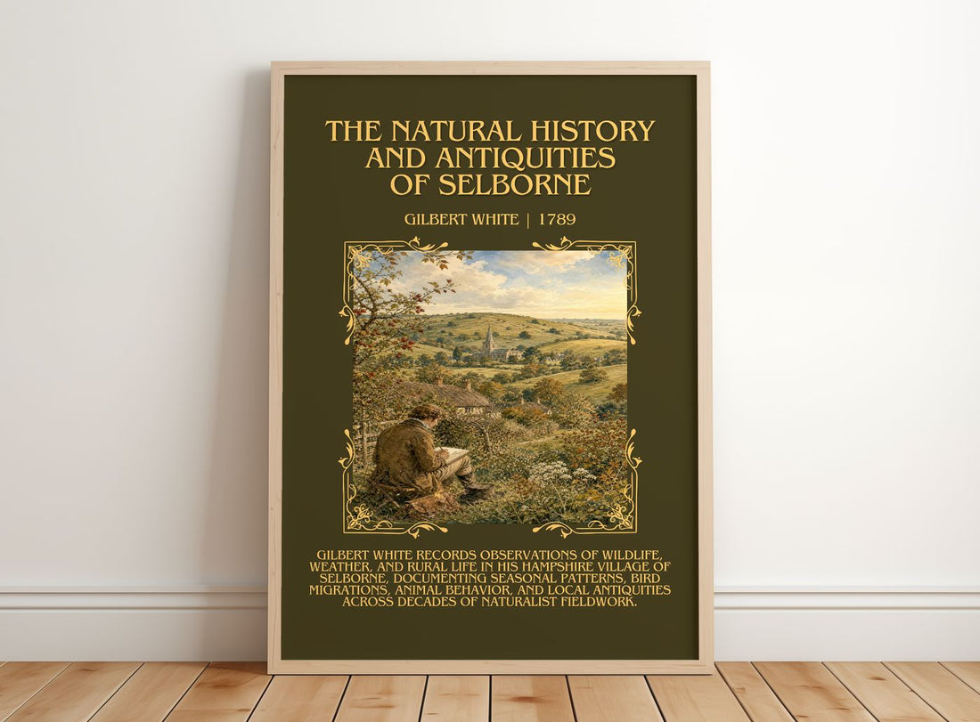 The Natural History and Antiquities of Selborne Minimalist Book Poster by Gilbert White – framed print leaning on a wooden floor