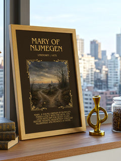 Mary Of Nijmegen Minimalist Book Poster by Unknown – framed print on a city-view windowsill