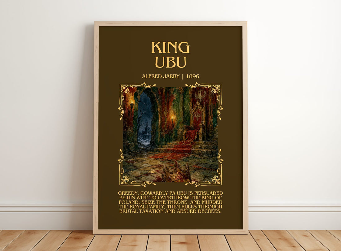 King Ubu Minimalist Book Poster by Alfred Jarry – framed print leaning on a wooden floor