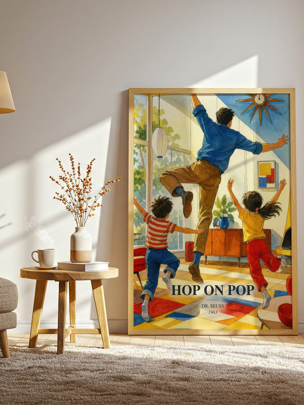 Hop On Pop watercolour print in frame leaning in hallway – childrens wall art