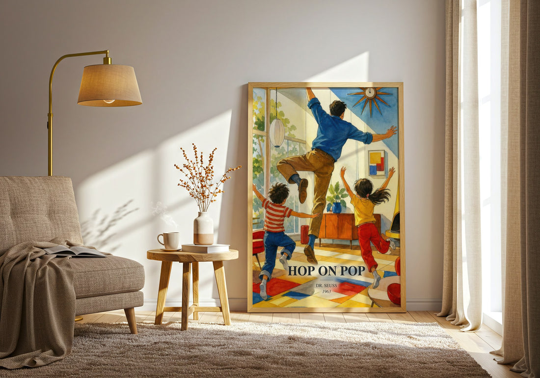 Hop On Pop watercolour print in frame leaning in hallway – childrens wall art (mockup)