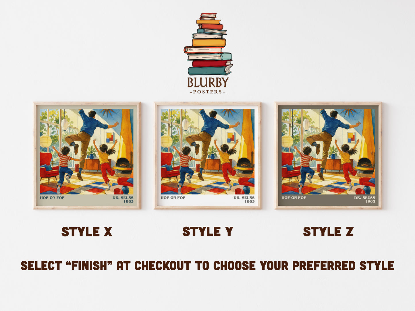 Hop On Pop literary print in frame leaning in hallway – childrens wall art