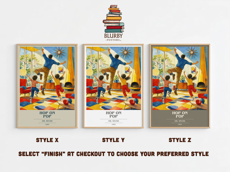 Hop On Pop book cover print in frame leaning in hallway – childrens wall art