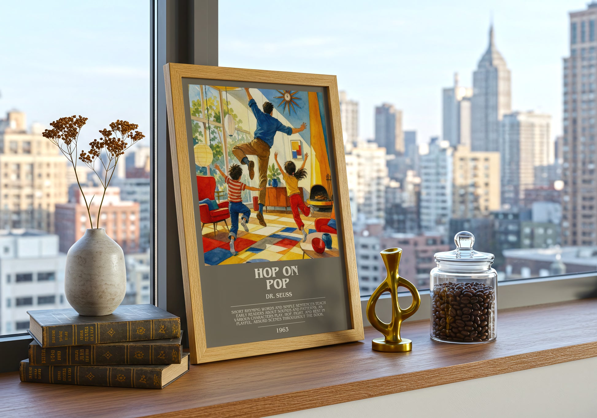 Hop On Pop bookish print framed by window – literary home decor