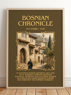 Bosnian Chronicle Minimalist Book Poster by Ivo Andrić – framed print leaning on a wooden floor