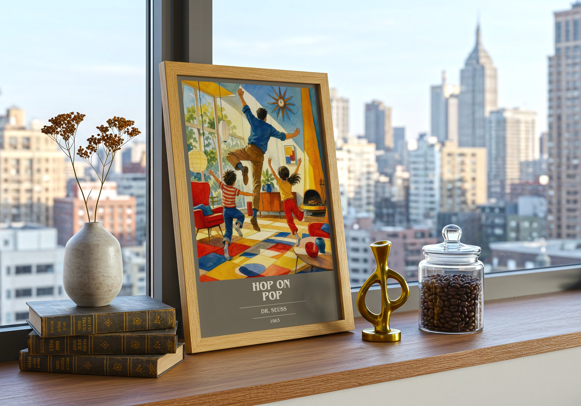 Hop On Pop book cover print framed by window – literary home decor