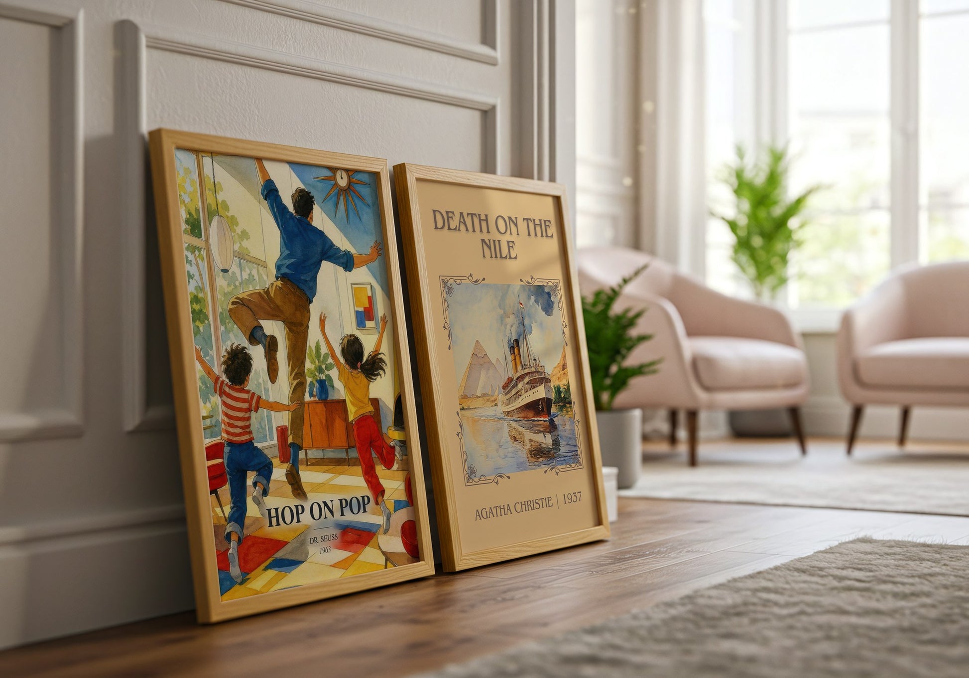 Hop On Pop watercolour print framed by window – literary home decor